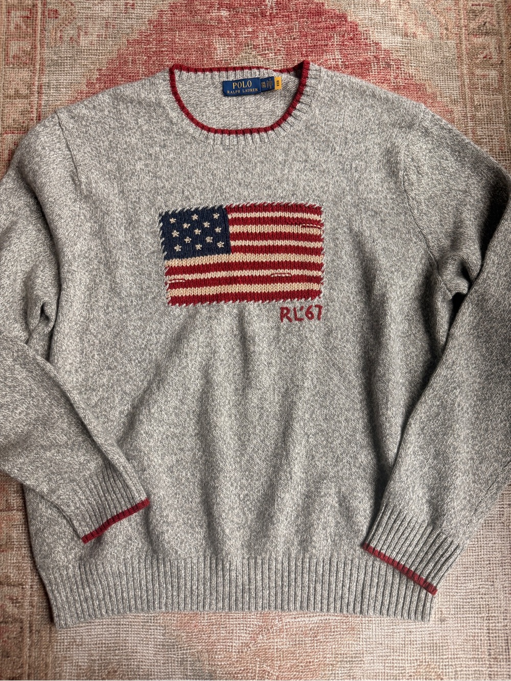 Ralph Lauren Gray Crewneck Sweater with Embroidered Flag and Red Trim